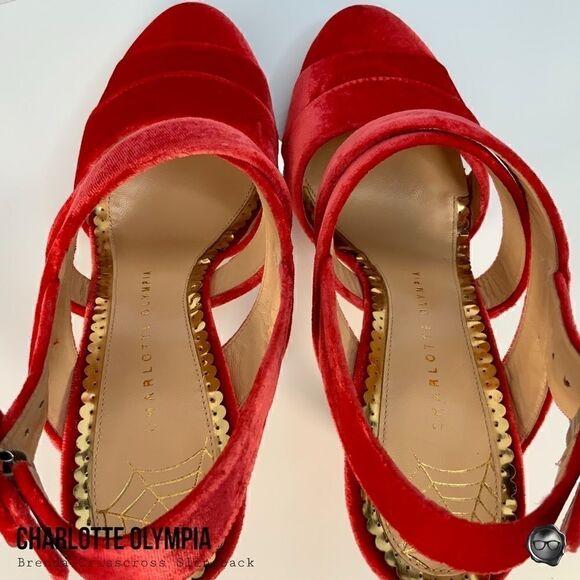 CHARLOTTE OLYMPIA BRENDA CRISSCROSS SLINGBACK PUMPS IN RED VELVET EU 38.5 NEW - Picture 7 of 15